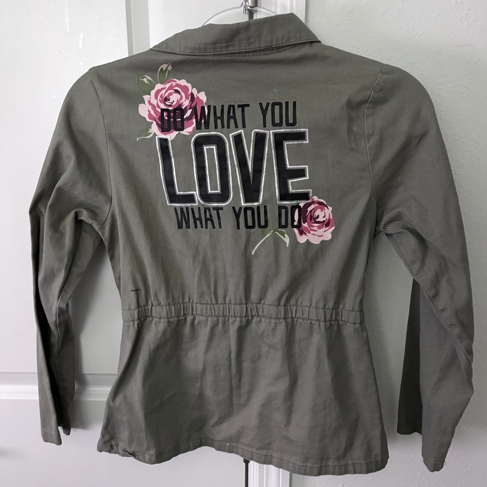 Girls Floral Love Army Green Cotton Jacket